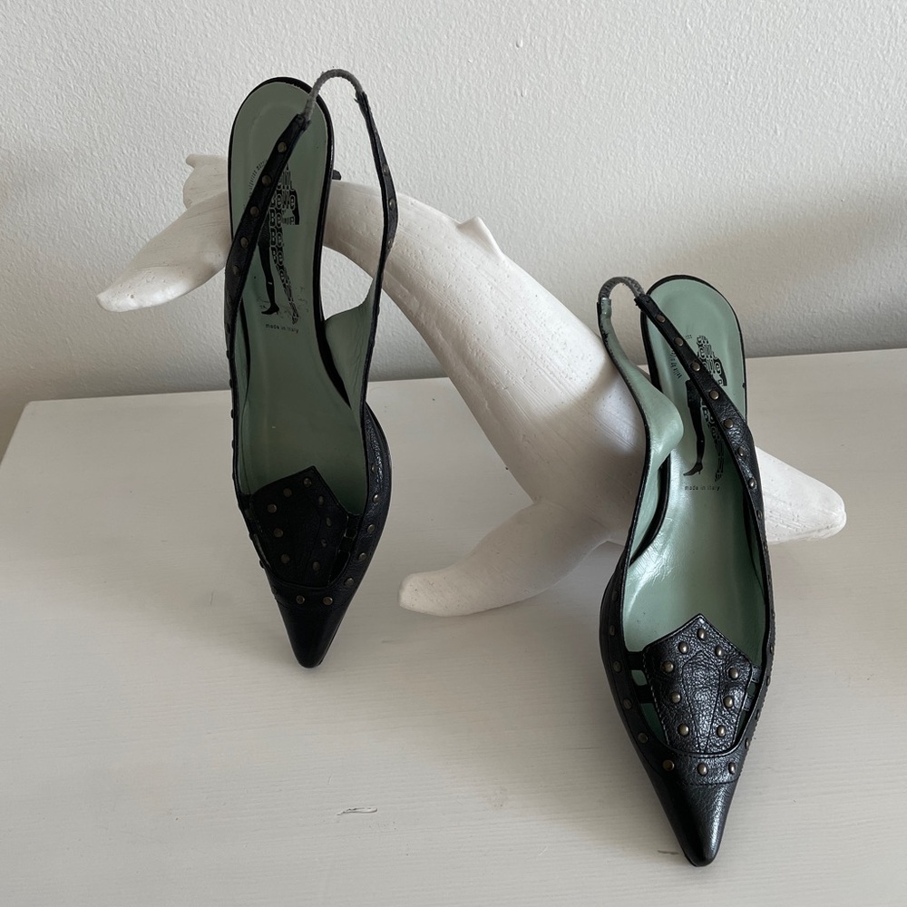 Sigerson Morrison Black Slingback Studded Kitten Heels (Vintage)